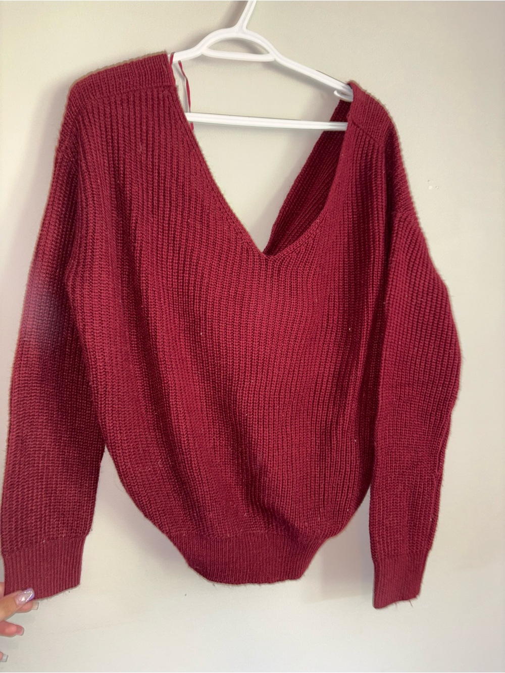 Women's V-Neck Knit Sweater in Berry Red